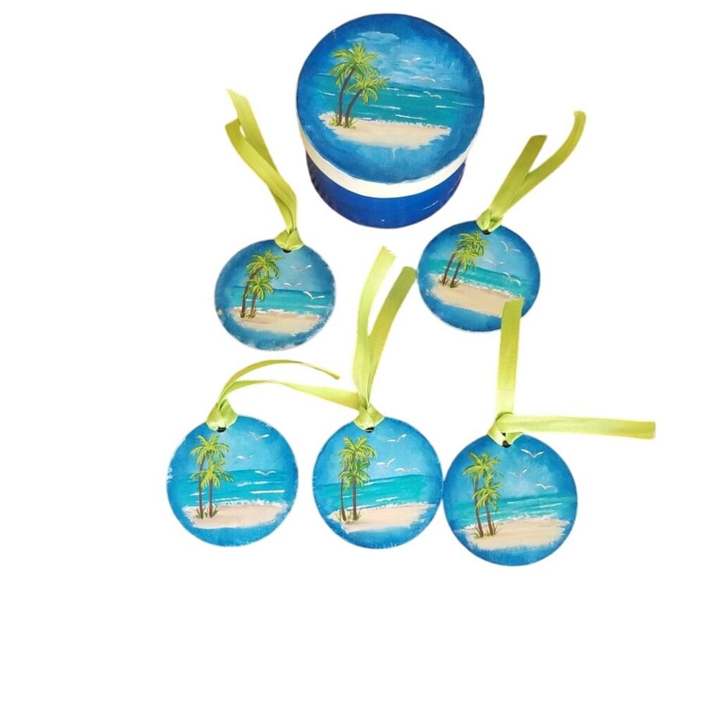 Coastal Christmas Palm Tree Ornaments Hand Painted. Box Set of Five.